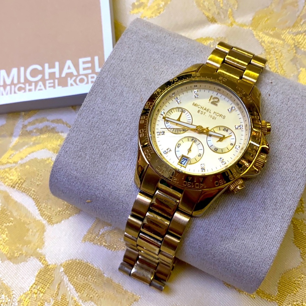 Michael Kors Women’s Chronograph Gold Bracelet Watch Crystal Bezel Gold Face